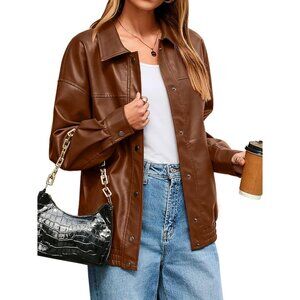 Womens Oversized Faux Leather Caramel Jacket Button Down Moto Bomber Winter Coat